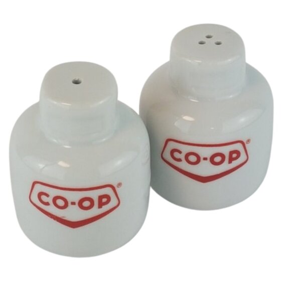 Vintage Canada Co-Op Salt and Pepper Shakers Propane Tank White Red Ceramic - Picture 2 of 7